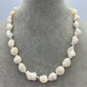 Hand-Knotted Mother of Pearl Nugget Necklace w/ Sterling Silver Accents